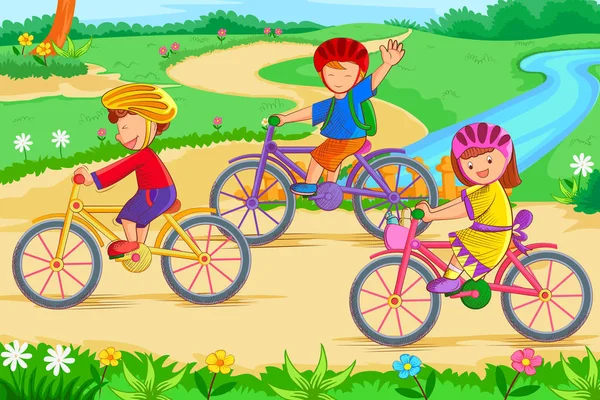 Діти катаються на велосипеді і насолоджуються в літні канікули — стоковий вектор