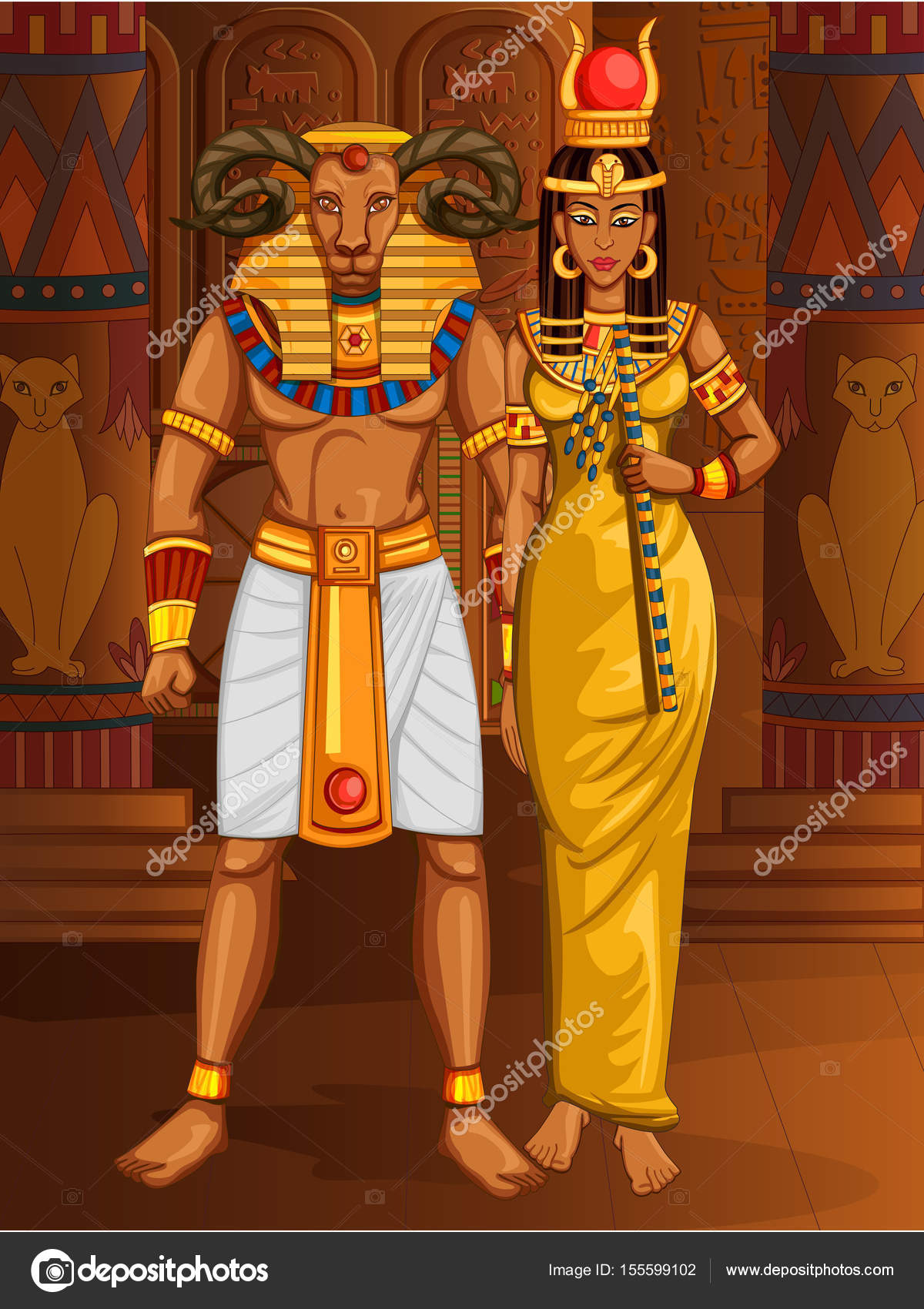 Царь Египетской Цивилизации Фараон Khnum Бог С Королевой На Фоне.