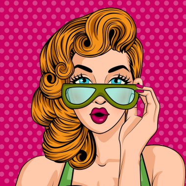 Pop sanat tarzı retro Bayan güneş gözlüğü takıyor