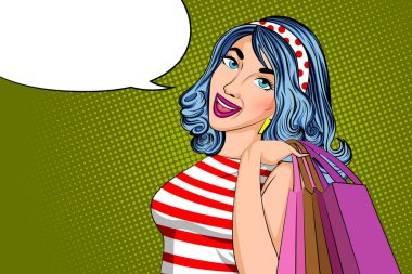 Pop art style retro lady with Shopping Bag clipart
