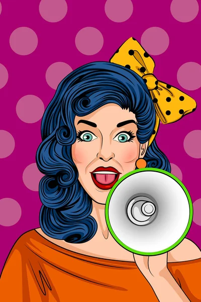 Pop arte estilo retro senhora fazendo anúncio com megafone —  Vetores de Stock