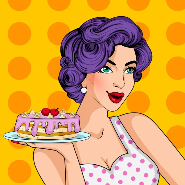 Pop-Art-Stil Retro-Dame serviert leckeren Kuchen in Bäckerei — Stockvektor