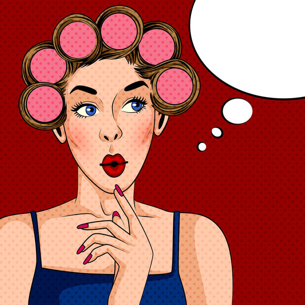 Pop art style retro lady with hair curler