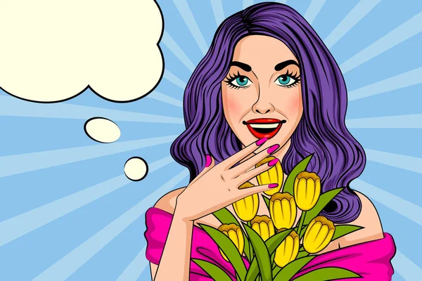 Pop Art Stil Retro Dame mit Blumenstrauß — Stockvektor