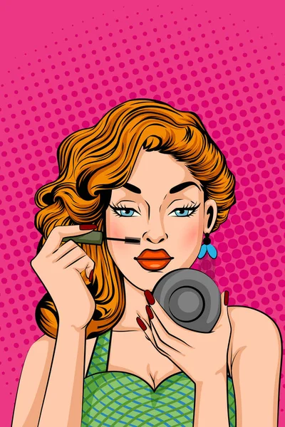 Pop art estilo retro dama haciendo maquillaje con rímel cepillo — Vector de stock