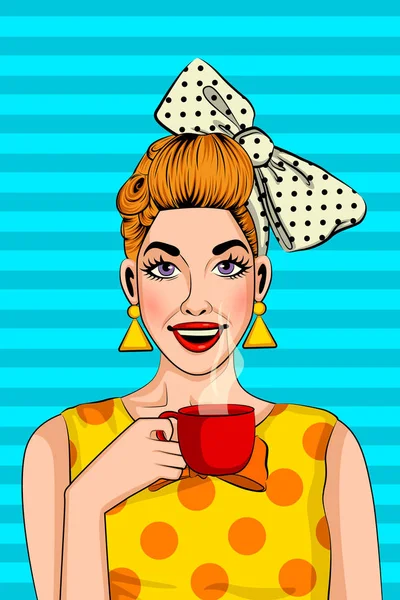 Pop art style rétro dame avec tasse de café — Image vectorielle