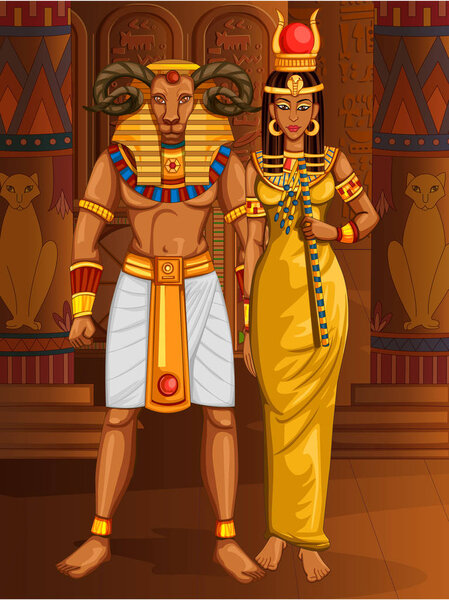 Egyptian civiliziation King Pharaoh Khnum God with Queen on Egypt palace backdrop