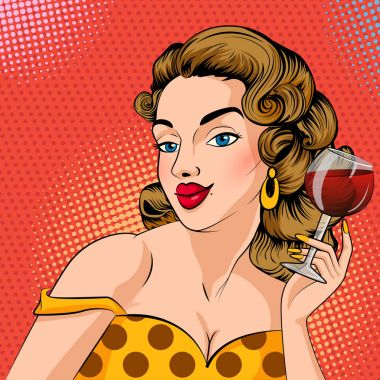 Pop sanat tarzı retro Bayan şarap holding