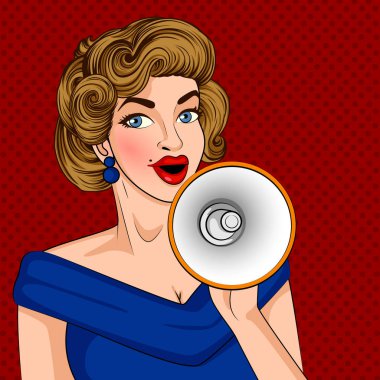 Pop sanat tarzı retro Bayan duyuru megafon ile yapma
