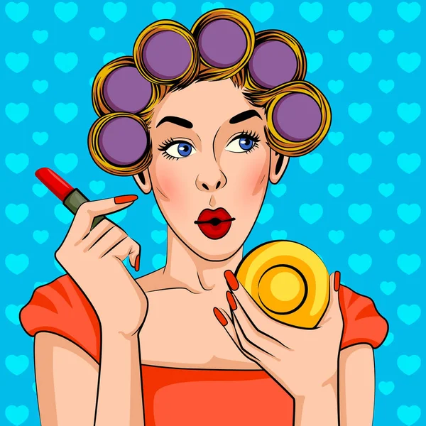 Pop art style rétro dame faisant maquillage avec boucleur de cheveux — Image vectorielle