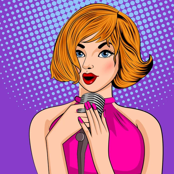 Pop art style rétro dame chantant sur microphone — Image vectorielle