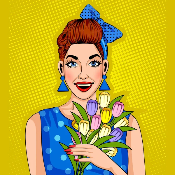 Pop arte estilo retro senhora segurando buquê de flores —  Vetores de Stock