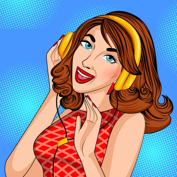 Pop art estilo retro dama escuchando música en auriculares — Vector de stock