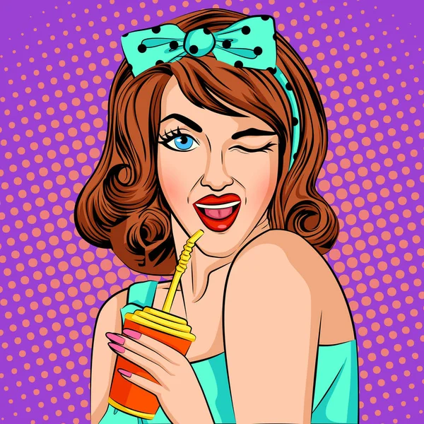 Pop art estilo retro señora bebiendo Cola bebida con paja — Vector de stock
