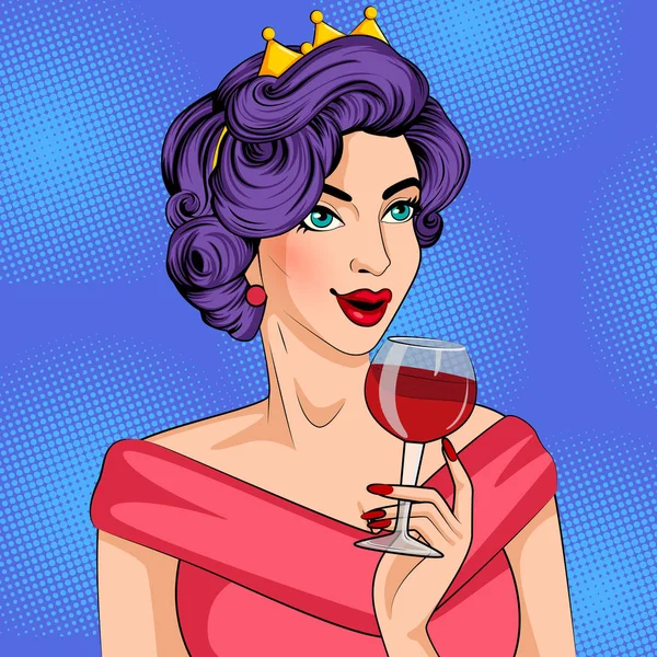 Pop arte estilo retro senhora segurando copo de vinho —  Vetores de Stock