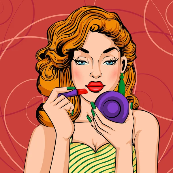 Pop arte estilo retro senhora fazendo maquiagem com batom —  Vetores de Stock