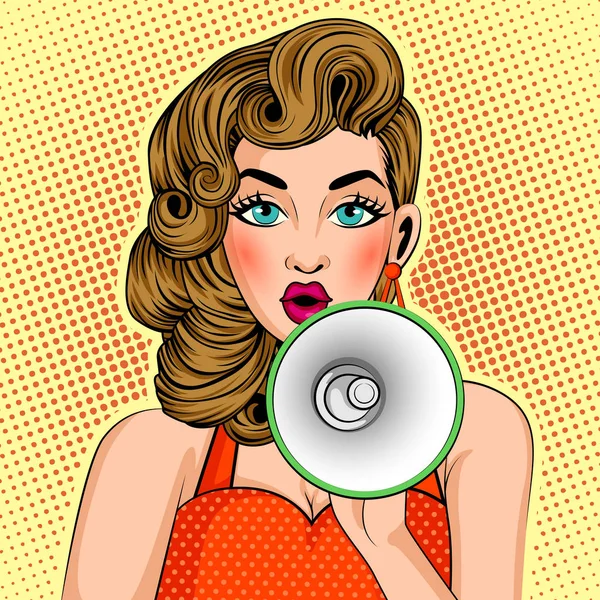 Pop art style retro lady making announcement with megaphone