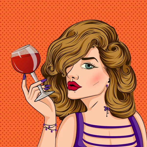 Pop art estilo retro dama sosteniendo copa de vino — Vector de stock