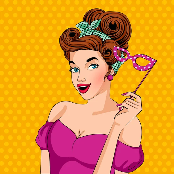 Pop art estilo retro dama con fiesta carnaval máscara — Vector de stock