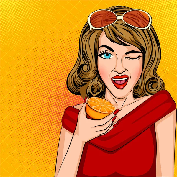 Pop art style retro lady testing tangerine orange lemon — Stock Vector