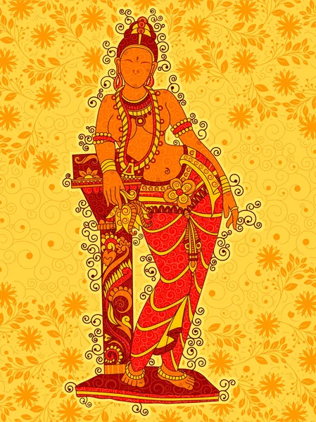 ヴィンテージ花柄アート スタイルでインドの女性彫刻像 — ストックベクタ