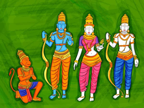 Pintura de estátua abstrata de Deus indiano Rama, Laxmana, Sita e escultura Hanuman —  Vetores de Stock
