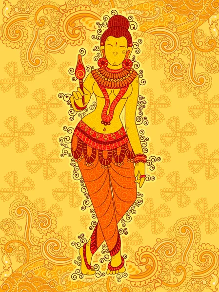 Estatua vintage de la escultura femenina india en estilo de arte floral — Vector de stock