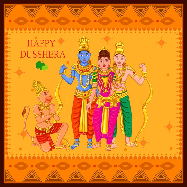 Estatua del dios indio Rama, Laxmana, Sita y Hanuman para el feliz festival Dussehra de la India — Vector de stock