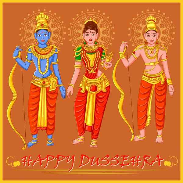 Estatua del dios indio Rama, Laxmana y Sita para el feliz festival Dussehra de la India — Vector de stock