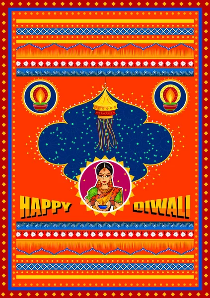 Fondo de felicitación del festival Happy Diwali India en estilo de arte kitsch camión indio — Archivo Imágenes Vectoriales