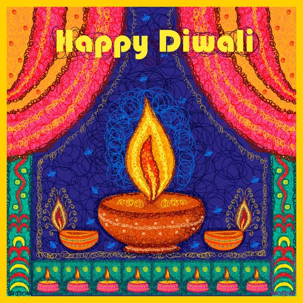 Felice Diwali India festival saluto sfondo in stile indiano scribble art — Vettoriale Stock