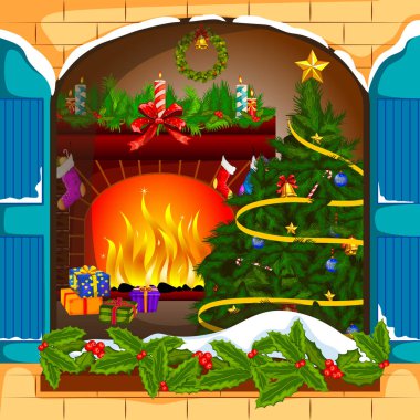 Şömine neşeli Noel ve mutlu yeni yıl arka plan için dekore edilmiş