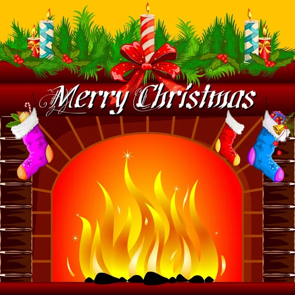 Decorated fireplace for Merry CHristmas and Happy New Year background — Stock Vector