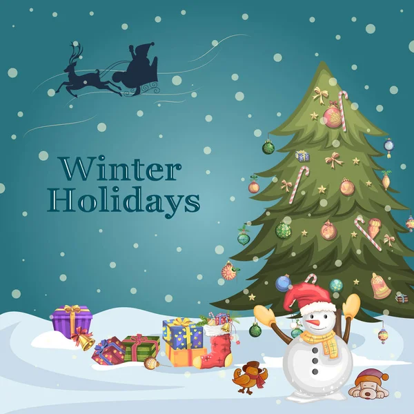 Sneeuwpop voor prettige kerstdagen en gelukkig Nieuwjaar vakantie feest-achtergrond — Stockvector
