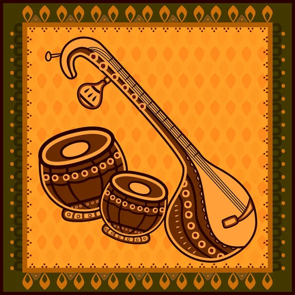 Veena y Tabla Instrumento musical en India desi folk art style — Archivo Imágenes Vectoriales