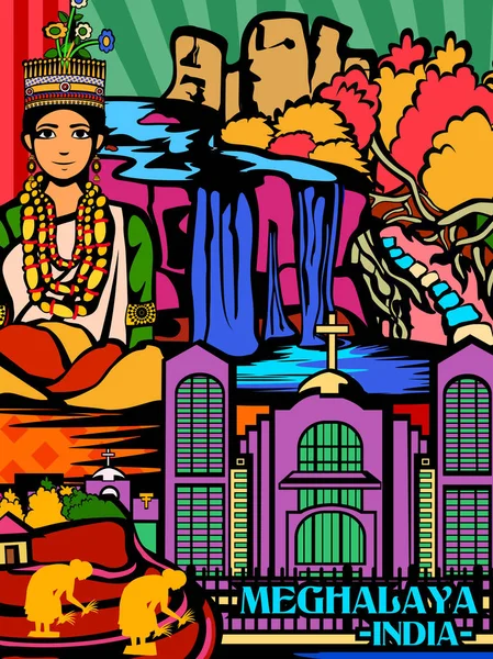 Exhibición culutral colorida de Meghalaya del estado en la India — Vector de stock