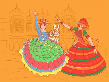 Couple performing Kachhi ghodi folk dance of Rajasthan, India clipart