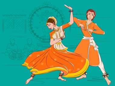 Couple performing Kathak classical dance of Northern India clipart