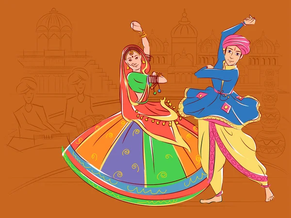 对夫妇表演的印度古吉拉特加尔巴民间舞蹈 — 图库矢量图片