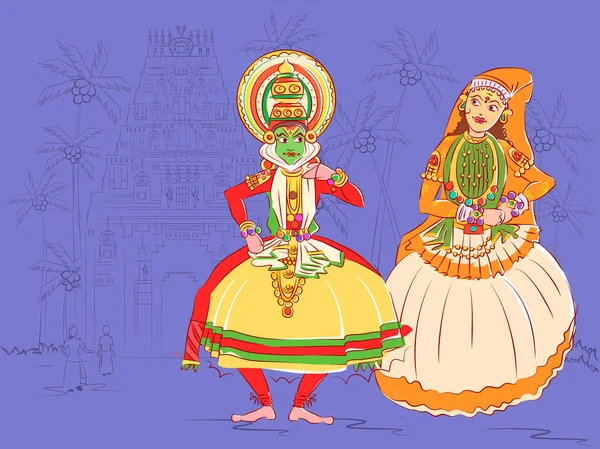 Casal realizando Kathakali dança clássica de Kerala, Índia —  Vetores de Stock