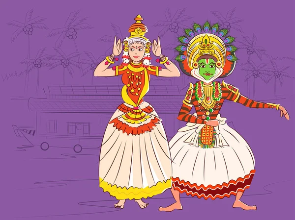 印度喀拉拉邦的 Kutiyattam 古典舞的夫妇 — 图库矢量图片