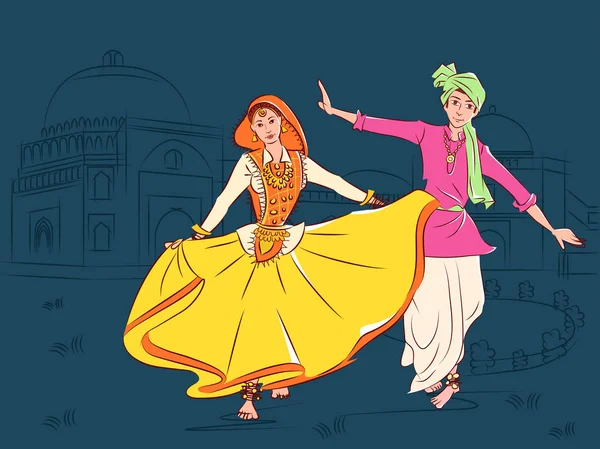 Pareja realizando danza folclórica Phag de Haryana, India — Vector de stock