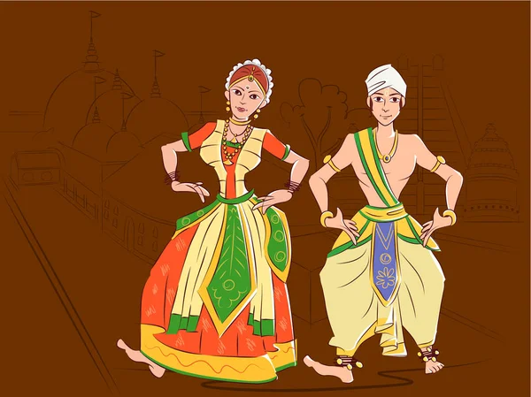 アッサム、インドのサットリヤ舞踊を実行するカップル — ストックベクタ