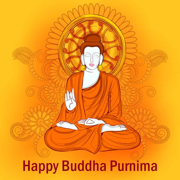 Lord Budha em Happy Buddha Purnima Vesak fundo festival de férias — Vetor de Stock