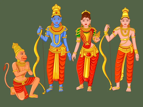 Standbeeld van de Indiase God Rama, Laxmana, Sita en Hanuman beeldhouwkunst — Stockvector