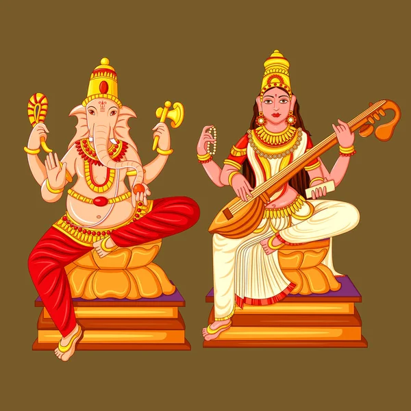 Estatua de dios indio Ganesha y Saraswati Escultura — Vector de stock