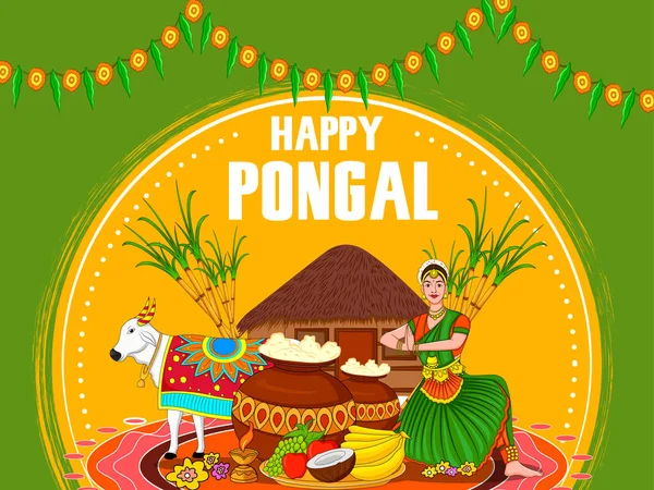 Happy Pongal náboženské tradiční festival Indie Tamil Nadu oslavou zázemí — Stockový vektor