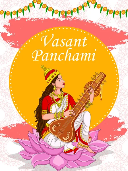 Indiska gudinnan Saraswati på Vasant Panchami Pooja festival bakgrund — Stock vektor