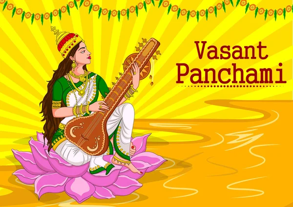 Indiska gudinnan Saraswati på Vasant Panchami Pooja festival bakgrund — Stock vektor