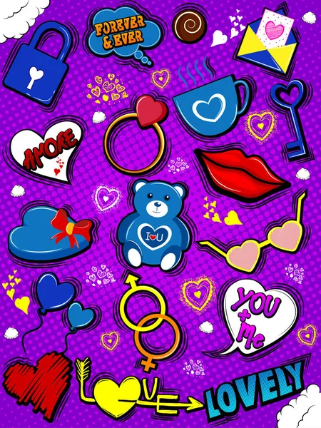 Arte pop cómico vibrante Feliz Día de San Valentín saludos fondo — Vector de stock